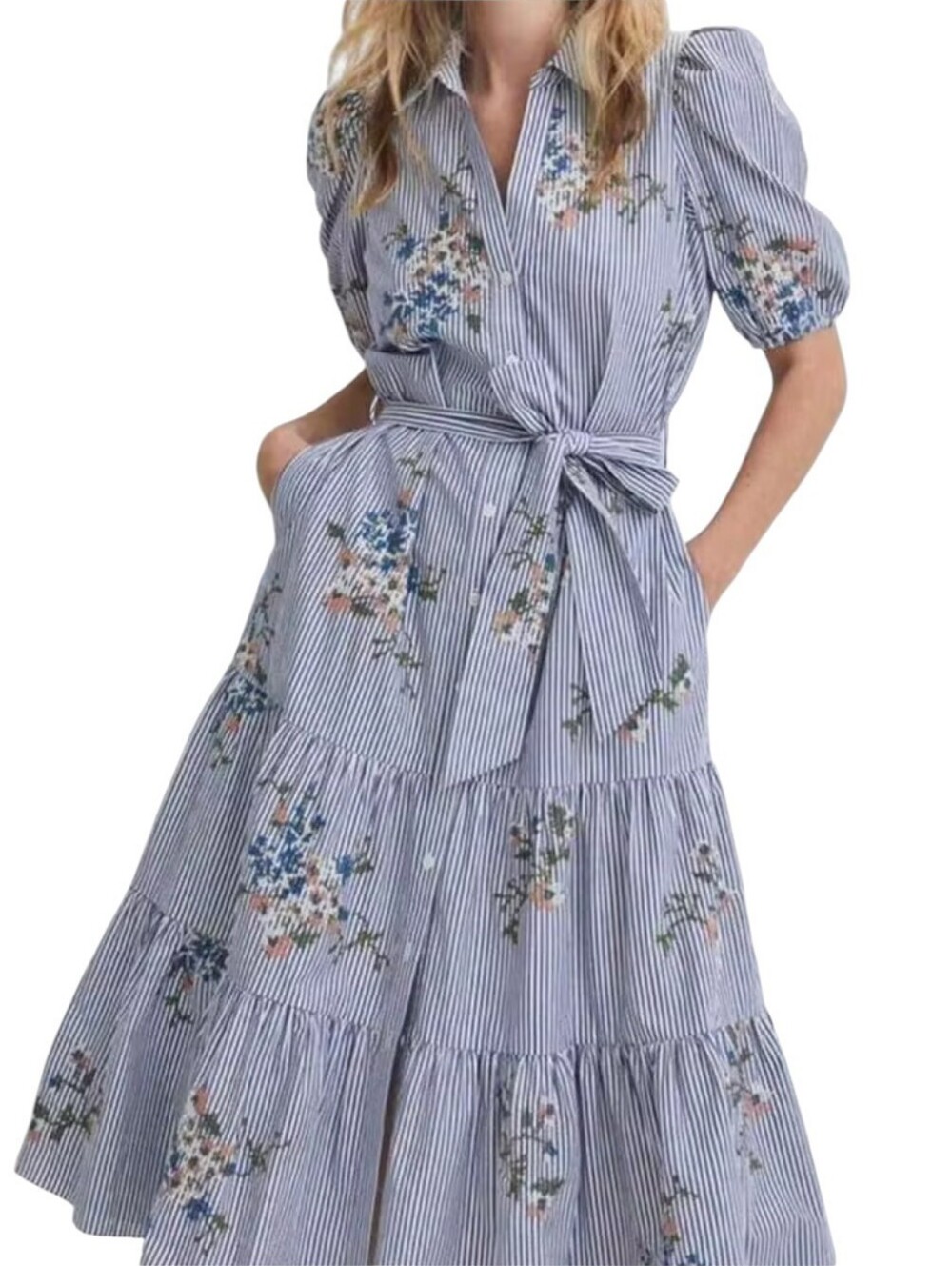 Veronica Beard Cotton Midi Dress Striped Floral Buttondown Short Puff Sleeve